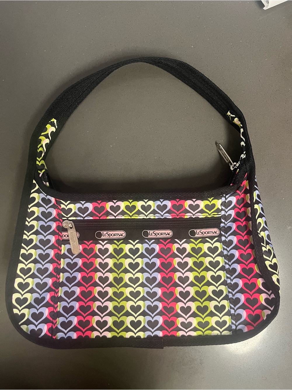 Lesportsac Y2K Black Shoulder Bag Multicolor Heart Print Excellent Condition
